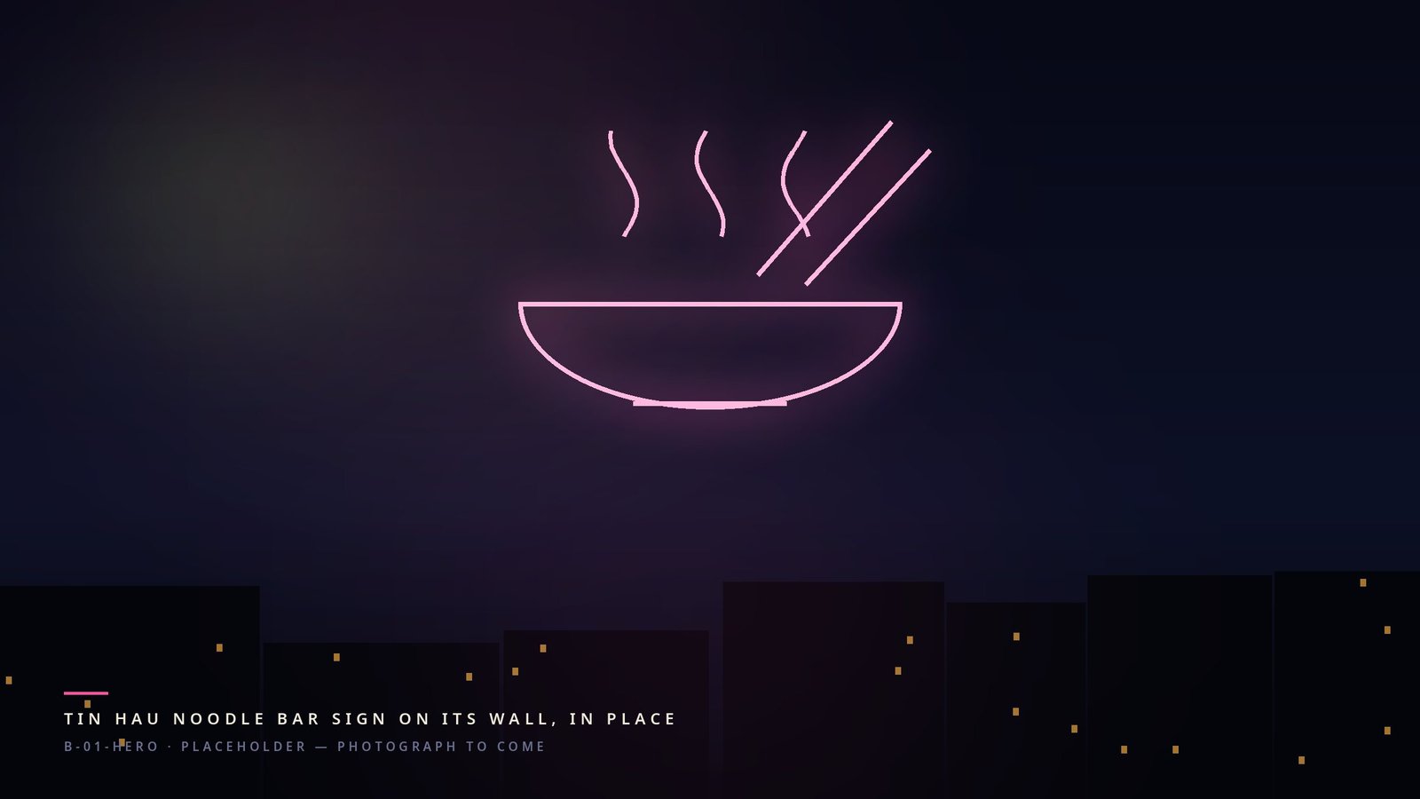 A noodle bowl in pink neon with cyan chopsticks