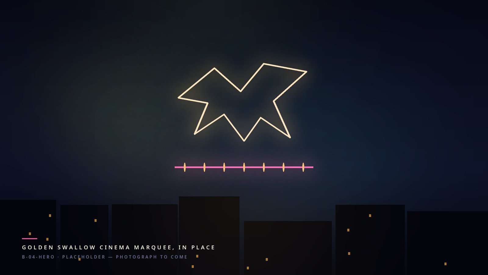 A swallow in amber neon with a pink marquee line