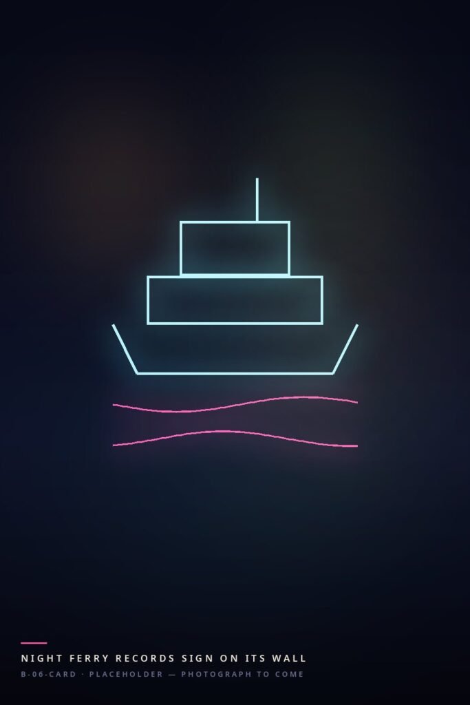 A Star-style ferry in cyan neon on pink water