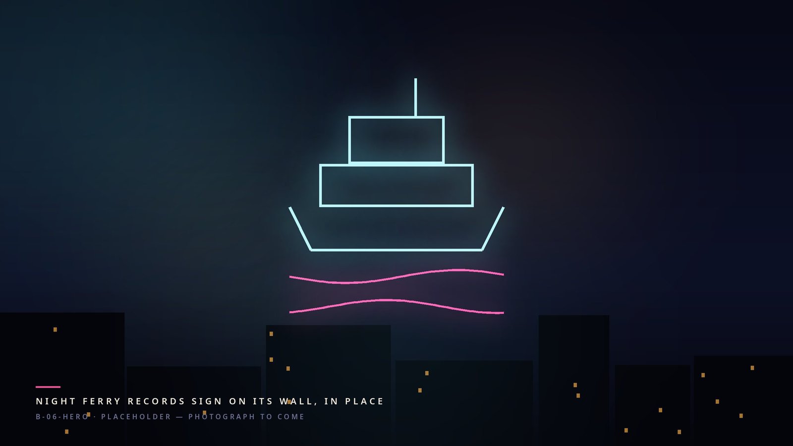 A Star-style ferry in cyan neon on pink water