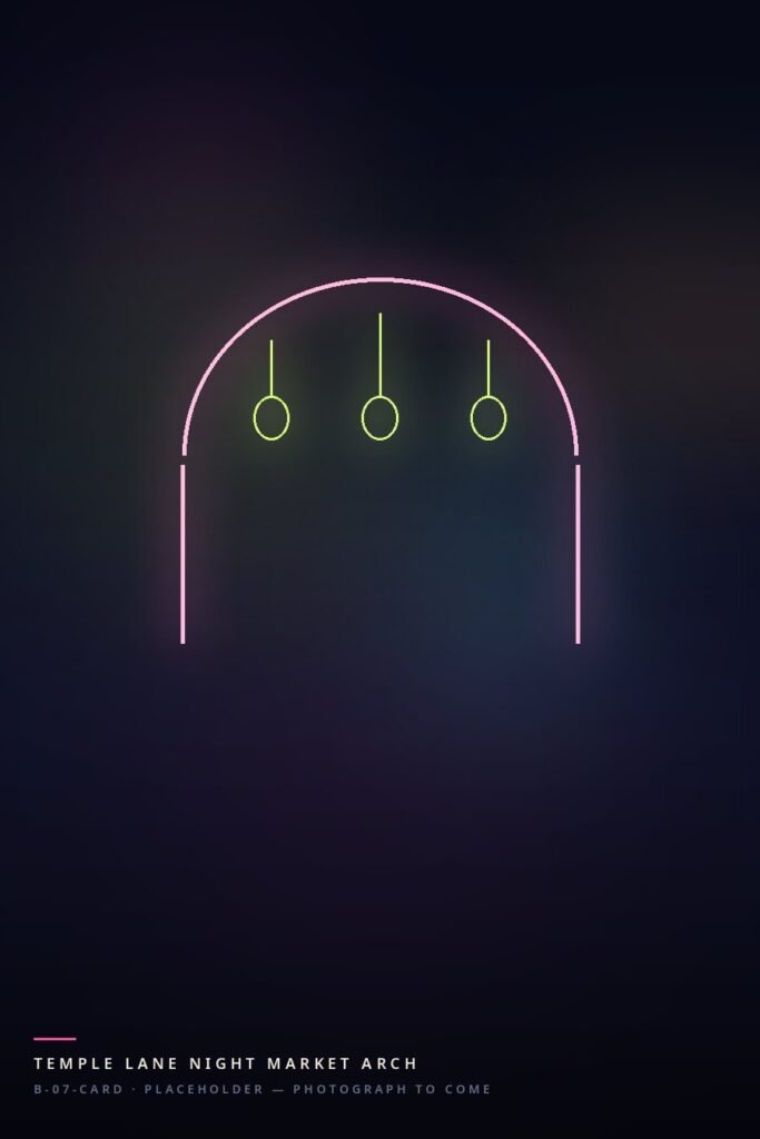 A market arch in pink neon with lime lanterns