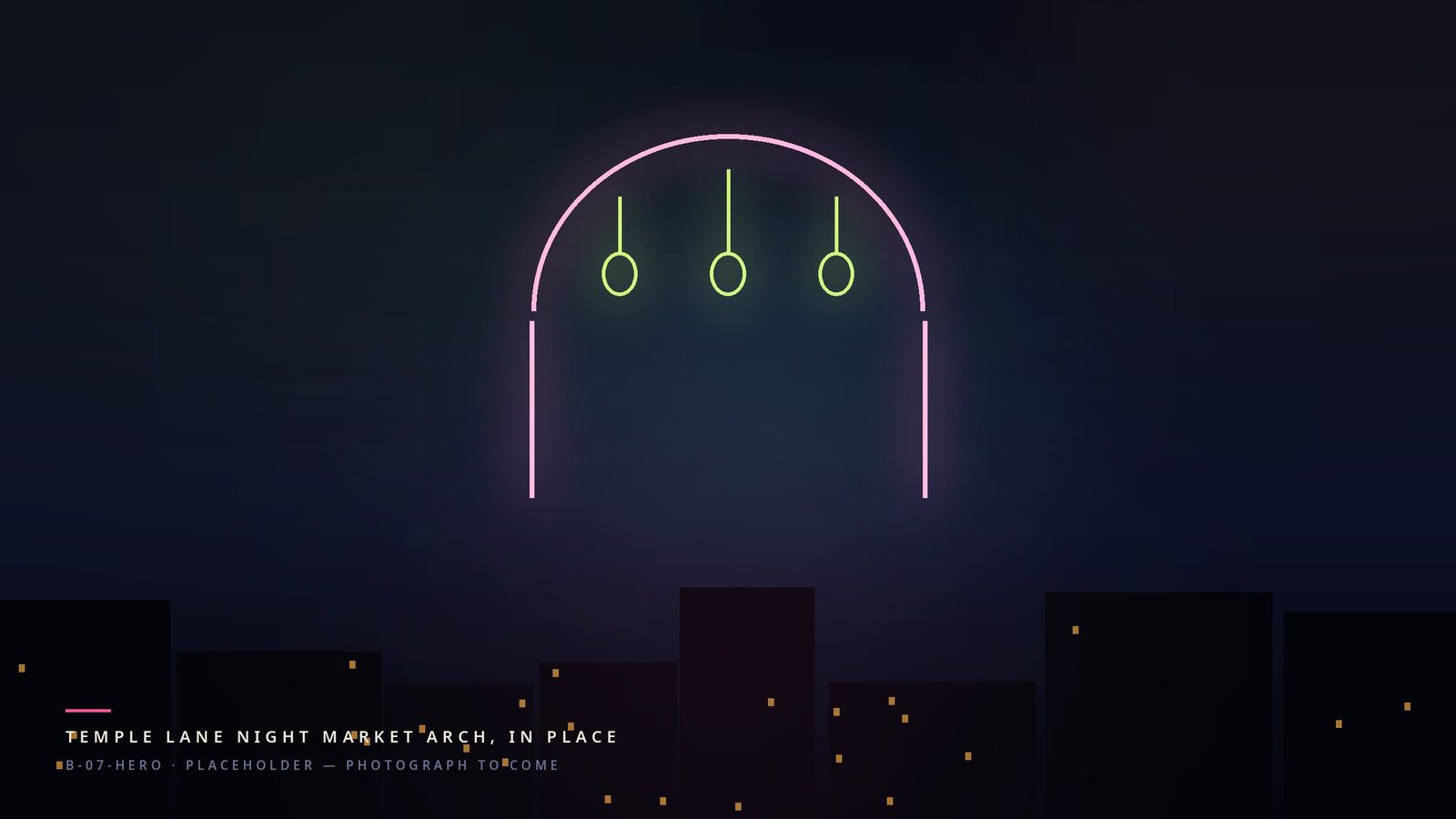 A market arch in pink neon with lime lanterns