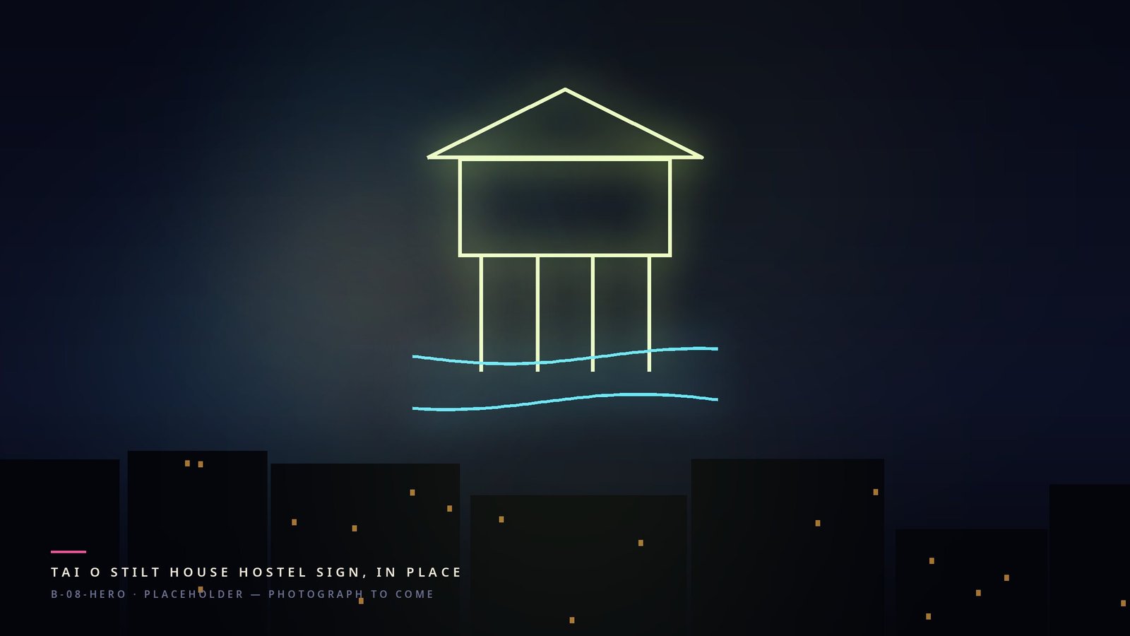 A stilt house in lime neon over cyan water