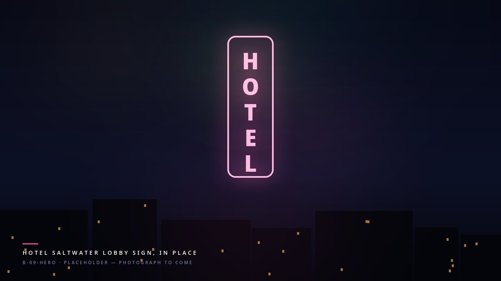 A tall hotel sign in pink neon