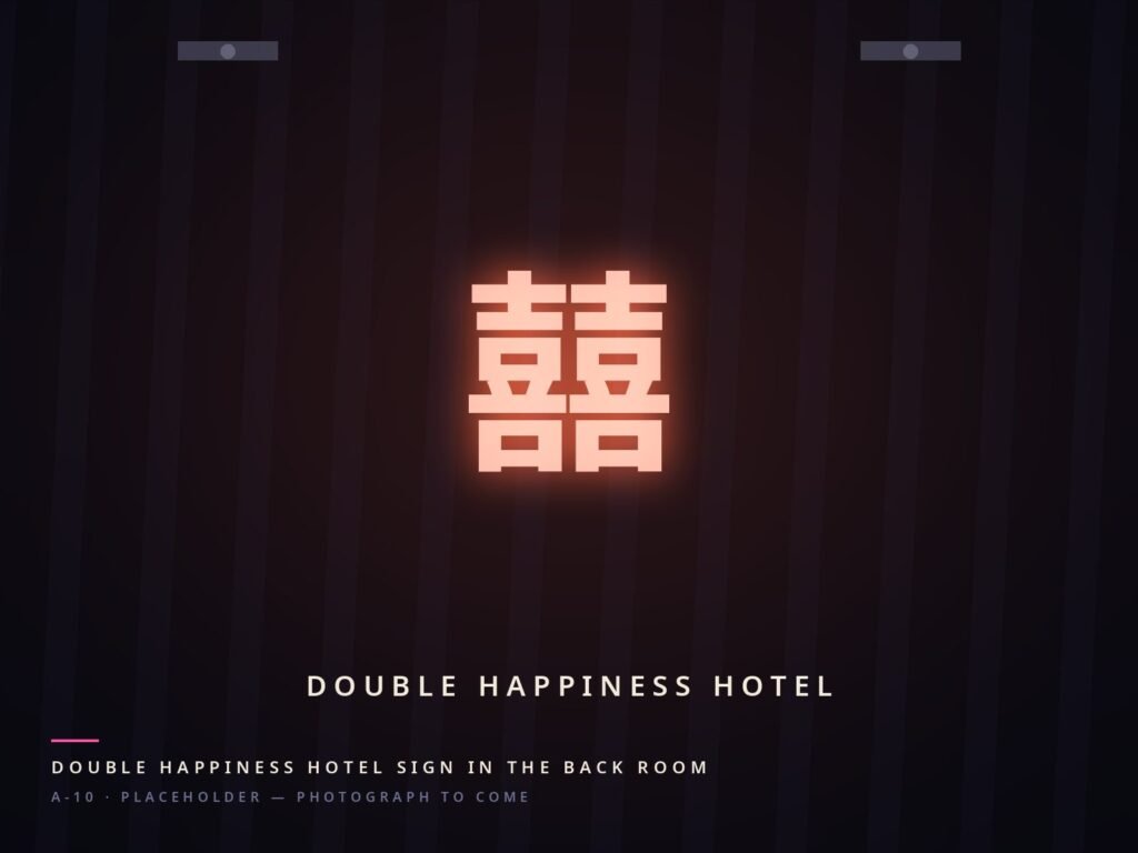 Double Happiness Hotel sign lit in the back room